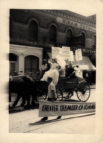 Chester Chamber of Commerce wagon in front of Hiram Tuthill Building (Chester Meat Market), 100th Hambletonian Anniversary Parade, Thursday May 5, 1949. chs-003437